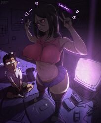 1boy 1girls bare_shoulders big_breasts black_hair breasts cleavage clothed clothing d-art double_peace_sign double_v female glasses heart long_hair looking_at_viewer male miniskirt navel open_mouth peace_sign phone red_eyes shirt shoes short_hair shorts sitting skirt socks standing television the_ring thick_thighs thighhighs trash_can tv underboob v_sign voluptuous wide_hips yamamura_sadako