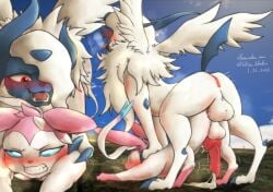 absol anus balls bodily_fluids cum cum_while_penetrated cumshot doggy_style duo eeveelution ejaculation feral feral_on_feral from_behind_position generation_3_pokemon generation_6_pokemon genital_fluids genitals hi_res knot male male/male male_only male_sylveon mega_absol mega_evolution nintendo outside penetration pokemon pokemon_(species) sex sousaku_san sweat sylveon