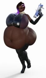 3d animated bbw big_breasts bouncing_belly bra dark-skinned_female dark_skin fat fat_ass fat_butt fat_fetish from_front_position front_view gun high_heel_boots huge_belly latina lipstick overwatch overwatch_2 seductive sombra tease violazierau walking