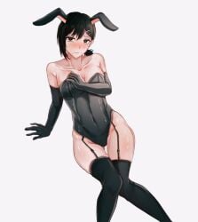 1girls belly_button big_breasts black_eyes black_gloves black_hair black_legwear blush breasts bunny_ears bunny_girl bunnysuit chainsaw_man female female_focus female_only hairclip hi_res higashiyama_kobeni mobleoiz ponytail simple_background solo solo_female solo_focus tearing_up thick thick_thighs thighs white_background