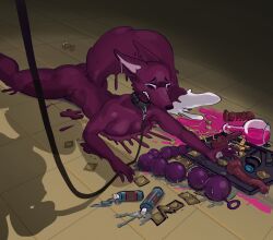 anal_beads anthro aphrodisiac apu_spills_his_nuggies bird's-eye_view bodily_fluids buttplug canid canine collar condom crying duo egg_vibrator female female/female femgud_(gud) femnewd_(newd) fox goo_creature goop hi_res high-angle_view leash lube_bottle mammal meme newd plug_(sex_toy) potion purple_body sex_toy sexual_barrier_device simple_background tears tray vibrator