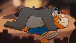 anthro balls baloo bear belly big_belly bite bodily_fluids breath_cloud brown_body brown_fur canid canine closed_eyes clothing cross-eyed cum cum_in_ass cum_inside discarded_clothing disney don_karnage duo fox from_behind_position fur gay genital_fluids genitals grey_body grey_fur hat headgear headwear jacket looking_pleasured male male/male male_only mammal melee_weapon nipples nude overweight overweight_male pillow pillow_bite sex size_difference speed_bump_position sword talespin tan_body tan_fur tcw_(artist) thick_thighs topwear weapon yaoi