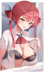 :d absurdres black_bra bra breasts clock collared_shirt female heterochromia highres hololive hololive_fantasy hololive_japan houshou_marine iroha_(unyun) large_breasts open_clothes open_mouth open_shirt red_eyes red_hair shirt smile solo twintails underwear upper_body virtual_youtuber window yellow_eyes