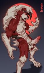 absurd_res anthro balls big_penis cheek_tuft chest_tuft dohade erection facial_tuft full_moon fur generation_7_pokemon genitals gloves_(marking) hair hi_res humanoid_genitalia humanoid_penis leg_markings lycanroc male markings midnight_lycanroc moon muscular muscular_anthro muscular_male nintendo penis pokemon pokemon_(species) red_body red_eyes red_fur sharp_teeth socks_(marking) solo teeth tuft vein white_body white_fur white_hair