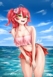 absurdres beach bikini breasts cleavage female flower green_eyes hair_flower hair_ornament highres hololive hololive_gen_0 hololive_japan large_breasts light_smile md5_mismatch panties pink_hair sakura_miko swimsuit tosaworks underwear virtual_youtuber wet wet_clothes wet_panties wet_swimsuit