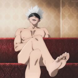 1boy ai_generated blind_folded blindfold completely_nude edit feet feet_up foot_focus interior_scene interior_view jujutsu_kaisen male male_only mouth_open muscular muscular_male nai_diffusion novel_ai nude nude_male satoru_gojo simple_background sitting_down sitting_on_couch stable_diffusion white_hair yaoi