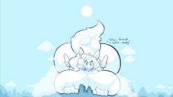 baronflint fluffy_tail furry giantess huge_ass huge_breasts no_nipples straea_(baronflint) text white_fur