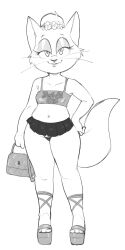 1girls 2023 3_toes ankle_strap_heels anthro bedroom_eyes bent_arm big_ears big_eyes big_tail biped bottomwear breasts cheek_tuft clothed clothed_anthro clothed_female clothing crop_top curved_eyebrows dbaru digital_media_(artwork) domestic_cat english_text essie_(kingdom_chums) eyebrows eyelashes eyeshadow facial_tuft feet felid feline felis female fingers floral_headband flower flower_accessory footwear front_view full-length_portrait fully_clothed fur fur_tuft glistening glistening_bottomwear glistening_clothing glistening_crop_top glistening_eyelids glistening_miniskirt glistening_shirt glistening_skirt glistening_topwear half-closed_eyes hand_on_hip hand_on_own_hip handbag head_tuft hi_res high_heels holding_handbag holding_object humanoid_feet humanoid_hands lipstick long_eyelashes long_legs long_whiskers looking_at_viewer makeup mammal miniskirt monochrome narrowed_eyes navel panties pinup plant plantigrade platform_footwear platform_heels portrait pose prick_ears print_clothing print_crop_top print_shirt print_topwear seductive shirt sketch skimpy skirt slightly_chubby slightly_chubby_anthro slightly_chubby_female small_breasts smile smiling_at_viewer solo standing tail text text_on_clothing text_on_crop_top text_on_shirt text_on_topwear the_kingdom_chums thick_thighs thin_eyebrows toeless_heels toes topwear tuft underwear upskirt whiskers