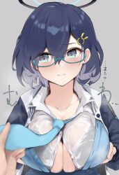 1girl 1girls blue_archive blue_eyes blush chihiro_(blue_archive) dark_blue_hair glasses halo millennium_science_school_student oza_osuwari paizuri_invitation tagme tie underboob veritas_(blue_archive) wet_shirt