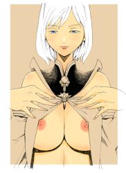 areolae ashelia_b'nargin_dalmasca bare_shoulders big_breasts blue_eyes breasts busty cleavage female female_focus female_only final_fantasy final_fantasy_xii flashing flashing_breasts monochrome nipples short_hair skimpy skimpy_clothes tagme tibonobannsann