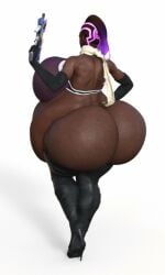 3d animated back_view bbw big_breasts bouncing_ass bouncing_belly bra dark-skinned_female dark_skin fat fat_ass fat_butt from_behind gun high_heel_boots huge_belly latina overwatch overwatch_2 scarf seductive sombra tease violazierau walking