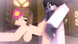 1boy 1girls 3d big_breasts blue_eyes brown_hair flower_in_hair from_behind horny_female human_female humanoid jenny_belle_(slipperyt) mine-imator minecraft outside sex slipperyt standing_sex tagme