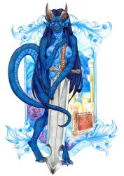 anthro asian_mythology blue_body blue_eyes blue_hair blue_scales breasts claws dragon east_asian_mythology female hair hi_res horn mordorinka mythology nipples non-mammal_breasts nude original_character scales scalie simple_background traditional_media_(artwork)