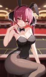 animal_ears bangs bare_arms bare_shoulders black_bow black_bowtie black_leotard blurry blurry_background blush bow bowtie breasts brown_pantyhose cleavage closed_mouth collar detached_collar extra_ears fake_animal_ears female fingernails heterochromia highres hololive hololive_fantasy hololive_japan houshou_marine indoors large_breasts leotard long_hair looking_at_viewer nail_polish pantyhose playboy_bunny rabbit_ears red_eyes red_hair red_nails smile solo standing standing_on_one_leg strapless strapless_leotard thomas_8000 twintails virtual_youtuber white_collar yellow_eyes