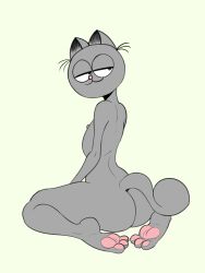 1boy 2023 3_toes anthro anthrofied ass bent_leg big_butt big_eyes big_feet biped black_inner_ear black_pupils black_whiskers closed_smile digital_drawing_(artwork) digital_media_(artwork) digitigrade domestic_cat feet felid feline felis frank_(garfield) full-length_portrait fur garfield_(series) girly green_background grey_body grey_fur half-closed_eyes head_turned hi_res kneeling looking_back male mammal mouth_closed narrowed_eyes nipples no_irises nude nude_anthro nude_male pawpads pink_nipples pink_nose pink_pawpads pinup portrait pose prick_ears puffy_nipples pupils round_eyes round_head simple_background small_nose small_pupils soles solo tail thick_thighs three-quarter_view toes whiskers zambs