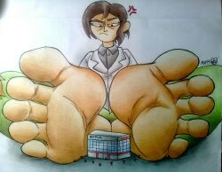 big_feet brown_hair building clothed clothed_female clothes deviantart feet female female_focus foot_fetish foot_focus giantess green_pants inside_job macro macro_male macroart99 netflix reagan_ridley tiny_people