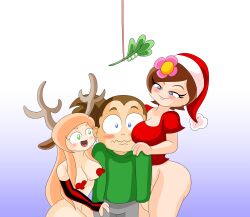 1boy 2girls big_breasts blue_eyes brown_hair christmas flower_in_hair horny_female human_female humanoid jenny_belle_(slipperyt) male minecraft outside tagme thomi