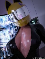 3d 3d_(artwork) 4k areola areola_slip areolae big_breasts busty celty_sturluson cosplay durarara!! empusaau female female_focus female_only helmet highres large_breasts leather leather_clothing light-skinned_female light_skin looking_at_viewer original_character pale_skin solo solo_female tagme