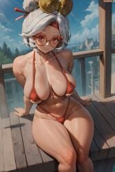 1girls ai_generated amiral_ai bikini cutesexyrobutts_(style) cutesexyrobutts_ai_artstyle_imitation female glasses nintendo purah purah_(tears_of_the_kingdom) red_eyes smile tears_of_the_kingdom the_legend_of_zelda thick_thighs white_hair