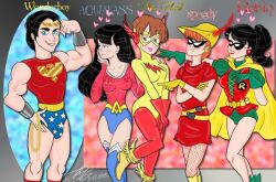 1boy 4girls aqualad artist_request batman_(series) black_hair blue_eyes blush blushing boots breasts bulge cape curvy curvy_female curvy_figure dc dc_comics dick_grayson female fit fit_female fit_male fitness flirting gloves green_arrow_(series) kid_flash lipstick male mask muscular muscular_male red_hair robin_(dc) robin_(dick_grayson) roy_harper rule_63 speedy superhero superheroine teen_titans teenage_girl teenager the_flash_(series) thighs wide_hips wonder_girl wonder_woman_(series)