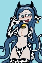 blue_hair blush cow_bikini cow_ears cow_print cow_tail cowbell danganronpa danganronpa_v3 drooling female female_only glasses krusha64612042 large_breasts long_hair shirogane_tsumugi smug straight_hair sweat tblb203