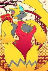 anthro asian_clothes big_breasts blue_eyes breasts cleavage female fur grey_body hi_res holding_object looking_away multicolored_fur nintendo orangedog pokémon_(species) pokemon red_clothing smiling tagme thick_thighs tight_clothing wide_hips yellow_body yellow_fur zeraora