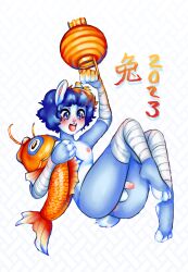 absurd_res anthro bandage blue_body blue_eyes blue_fur chinese_new_year chinese_zodiac fur girly hi_res lagomorph lamp lantern leporid male mammal noodles_(x_ten_ten_x) rabbit solo x_ten_ten_x