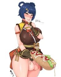 arm_covers_breast big_ass big_balls big_breasts big_penis blue_hair blush bread chinese_clothes cum_in_container cum_on_food erection food food_play futanari genshin_impact hot_dog huge_balls huge_breasts huge_cock hushing ketchup mrpond22 penis_hot_dog precum thick_thighs vegetable xiangling_(genshin_impact) yellow_eyes