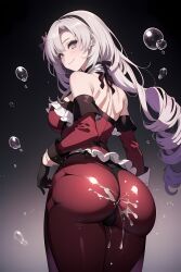 ai_generated ass_bigger_than_head big_ass cum cum_on_ass drill_hair gloves huge_ass hyakumantenbara_salome looking_at_viewer looking_back nijisanji nm_ai purple_hair semen_on_ass smile virtual_youtuber