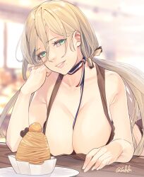 between_breasts bikini breasts brown_bikini cleavage collarbone female fuwafuwatoufu green_eyes grin highres kantai_collection large_breasts lips long_hair looking_at_viewer low_twintails mole mole_under_eye mole_under_mouth richelieu_(kantai_collection) smile solo swimsuit twintails