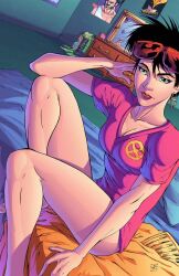 1girls asian asian_female bed bedroom black_hair earrings eyewear_on_head female female_only green_eyes hoop_earrings j-skipper jubilation_lee jubilee looking_at_viewer marvel marvel_comics no_pants pantsu short_hair sitting solo sunglasses sunglasses_on_head t-shirt tagme x-men