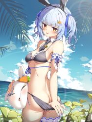 absurdres ama_rei animal_ear_fluff animal_ears ass ass_cleavage bangs bikini blue_hair blush breasts butt_crack carrot_hair_ornament detached_collar doka fake_animal_ears female food-themed_hair_ornament frilled_bikini frills hair_ornament highres hololive hololive_fantasy hololive_japan looking_at_viewer medium_breasts multicolored_hair nail_polish nousagi_(usada_pekora) open_mouth outdoors rabbit_ears rabbit_girl solo sweat swimsuit thick_eyebrows thigh_strap thighs usada_pekora virtual_youtuber white_hair