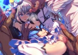 bangs bare_shoulders black_gloves blue_eyes breasts bronya_zaychik bronya_zaychik_(herrscher_of_reason) censored double_handjob female gloves group_sex hair_ornament handjob honkai_(series) honkai_impact_3rd lao_meng long_hair mosaic_censoring navel open_mouth orgy sex spread_legs thighhighs