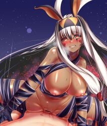 1boy animal_ears antenna_hair bandages bangs black_bandages black_hair breasts censored clenched_teeth colored_inner_hair cowgirl_position cowgirl_position dark-skinned_female dark_skin facepaint facial_mark fate/grand_order fate_(series) female hairband highres hukokukyohei jackal_ears large_breasts leaning_forward long_hair looking_at_viewer multicolored_hair naked_bandage navel night night_sky nipples nitocris_(fate) nitocris_alter_(fate) nude penis pussy sex sidelocks sky spread_legs straddling straight streaked_hair teeth thighs vaginal_penetration very_long_hair white_hair yellow_eyes