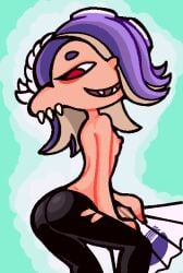 ass big_ass fan female from_behind krusha64612042 octoling open_mouth sharp_teeth shiver_(splatoon) small_breasts smirk splatoon splatoon_3 tblb203 tentacle_hair topless yoga_pants