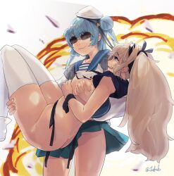 2girls aqua_hair areola_slip ass bangs blonde_hair blue_eyes blue_sailor_collar breast_grab breasts carrying closed_mouth cute_fang double_bun explosion fuwafuwatoufu gambier_bay_(kantai_collection) grabbing hair_bun hair_ribbon hat highres kantai_collection large_breasts long_hair multiple_girls nipple_slip nipples one-hour_drawing_challenge open_mouth princess_carry ribbon sailor_collar samuel_b._roberts_(kantai_collection) school_uniform serafuku skin_fang skirt smile star_(symbol) sunglasses tears thighhighs torn_clothes twintails twitter_username white_headwear white_thighhighs yuri