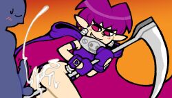 anon clothed_sex cum death_(magical_drop) fang gloves grinding grinding_on_weapon hood magical_drop penis pointy_ears purple_hair scythe short_hair smug testicles