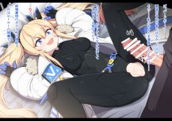 1boy 1girls bandage bar_censor bed black_bodysuit black_gloves blonde_hair blue_eyes bodysuit brown_pants brown_shirt censored clothed coat commander_(nikke) cute_fang eijsvl eyebrows_visible_through_hair fang female fur_coat gloves goddess_of_victory:_nikke imminent_sex japanese_text laplace_(nikke) long_hair medium_breasts military military_uniform open_mouth penis pussy sidelocks smile spread_legs straps twintails two-tone_gloves veiny_penis