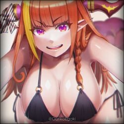 1girls bikini breasts cleavage dragon dragon_girl gradient_eyes guriko holoforce hololive hololive_japan horns huge_breasts kiryu_coco long_hair looking_at_viewer multicolored_hair orange_eyes orange_hair pointy_ears purple_eyes smile swimsuit tail two-tone_hair virtual_youtuber wide_hips yellow_hair