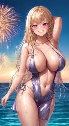 1girls ai_generated armpits beach blonde_hair breasts female fireworks grin highleg_swimsuit hips holaraai huge_breasts kitagawa_marin light-skinned_female light_skin long_hair massive_breasts mommy one-piece_swimsuit outdoors red_eyes smile sono_bisque_doll_wa_koi_wo_suru stable_diffusion swimsuit thick_thighs thighs water wet wide_hips