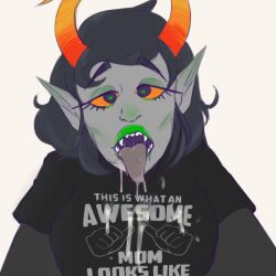 1girls 2021 after_fellatio after_sex bedroom_eyes blush bodily_fluids breasts clothed clothing cum cum_in_mouth cum_on_breasts cum_on_clothes cum_on_face drooling english_text fangs female female_only gray_skin green_lipstick grey_skin heart-shaped_pupils homestuck horns kanaya_maryam lipstick looking_pleasured ms_paint_adventures open_mouth orange_eyes pineapalooza raised_eyebrows simple_background solo teeth text text_on_clothing text_on_shirt this_is_what_an_amazing_mom_looks_like tongue tongue_out topwear troll troll_female