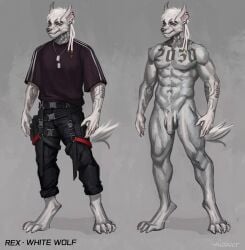 ansart anthro bottomwear canid canine canis clothing dog_tags dreadlocks ear_piercing fur male mammal model_sheet pants piercing red_eyes rex(ansart) shirt solo t-shirt tattoo topwear white_body white_fur wolf