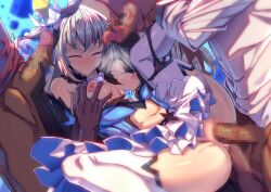 bangs bare_shoulders black_gloves blue_eyes breasts bronya_zaychik bronya_zaychik_(herrscher_of_reason) censored closed_mouth double_handjob double_penetration female gloves group_sex hair_ornament handjob honkai_(series) honkai_impact_3rd lao_meng long_hair mosaic_censoring navel orgy sex spread_legs thighhighs