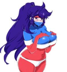 belly belly_button big_breasts big_hair blue_body blue_eyes blue_hair blue_skin blush blushing boobs breasts female female_only flustered giant_breasts gloves hands_on_breasts hands_over_breasts hyn_uka long_gloves long_hair massive_breasts no_bra no_panties pepsi pepsi-chan pepsiwoman ponytail pose posing red_gloves rule_63 thick thick_ass thick_hips thick_legs thick_thighs