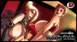 1boy 2girls big_breasts blonde_female blue_eyes eyepatch hair_over_one_eye iori_yagami kamina1978 king_of_fighters licking_lips mature_(kof) red_eyes red_hair_male short_hair snk vice_(kof)