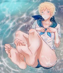 1boy after_footjob barefoot beach blonde_hair blue_eyes ensemble_stars! feet feet_up femboy first_porn_of_character foot_fetish foot_focus harukawa_sora hi_res looking_at_viewer male male_only mobleoiz precum precum_string serafuku short_hair solo thick_thighs thighs water wet wet_body wet_clothes