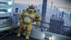 absurd_res accessory anthro balls belly bowser cock_ring collar erection genitals hi_res horn jewelry koopa looking_at_viewer male mario_(series) musclegut muscular muscular_male nintendo nipple_piercing nipples notte_(artist) nude outside overweight pecs penis penis_accessory penis_jewelry piercing scalie skyscraper smile solo solo_focus spikes teasing