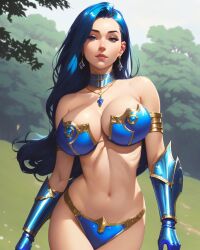 1girls 2023 ai_generated blue_hair curvaceous curvy_female curvy_figure female_focus female_only high_resolution long_hair metal_armor seductive_eyes slutty_outfit stable_diffusion voluptuous_female