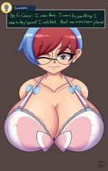 1girls bare_shoulders big_breasts blue_hair bra breasts dialogue english_text female female_only glasses grey_eyes large_breasts milk nintendo penny_(pokemon) pokemon pokemon_sv red_hair short_hair simple_background solo solo_female text truedarkorts two_tone_hair