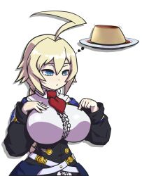 ahoge asura_senki belt blazblue blue_eyes braid breasts deep_skin es_(xblaze) expressionless female food highres huge_ahoge huge_breasts impossible_clothes multiple_belts narrow_waist necktie pudding red_necktie ringed_eyes single_braid solo thought_bubble underbust xblaze xblaze_code:_embryo